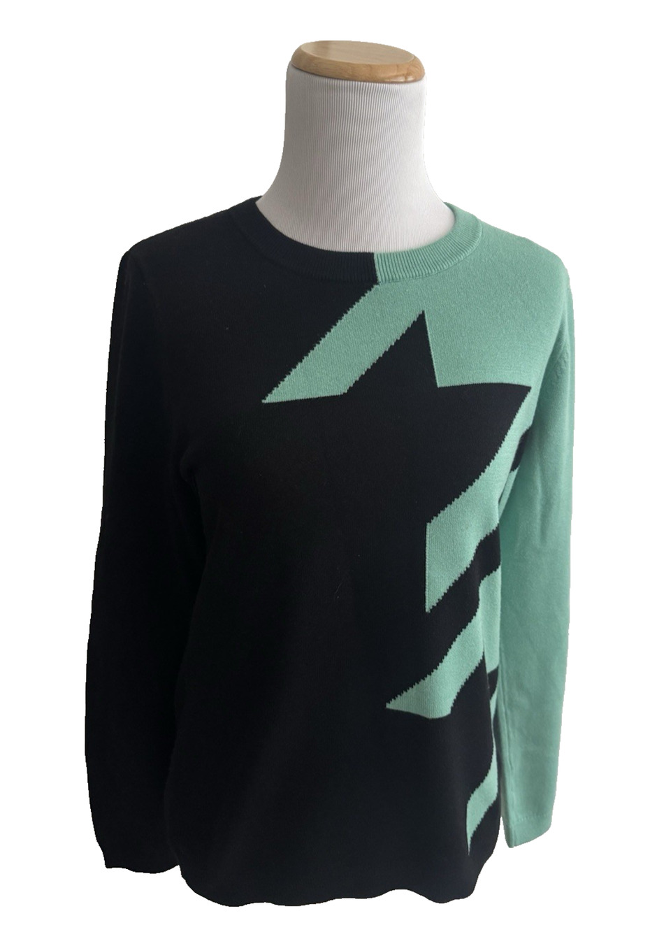 Carlisle Sweater M Black Green Geometric Soft Modal Knit Crewneck Pullover